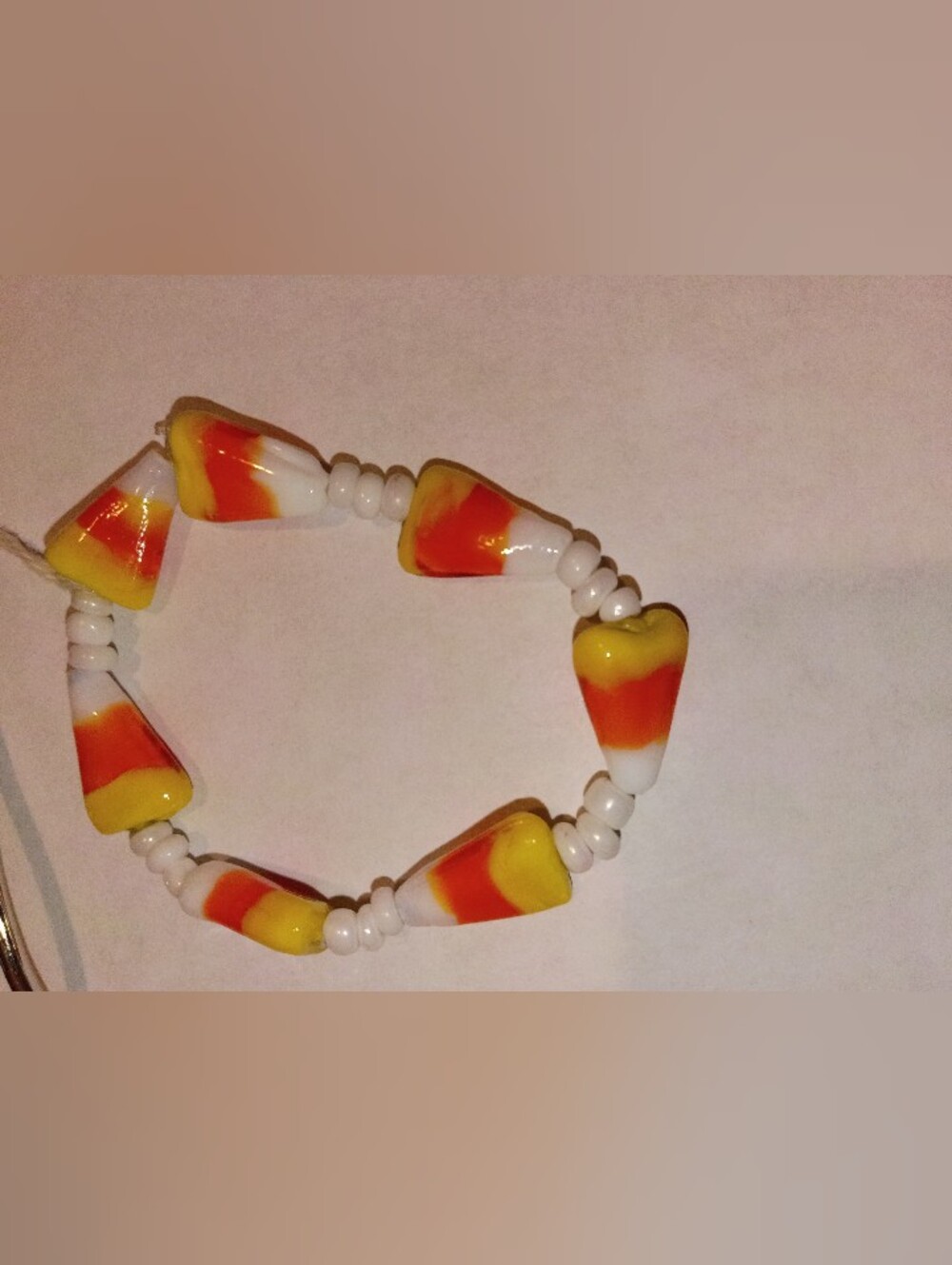 Handmade Candy Corn Glass Bead Bracelet - White, Orange & Yellow